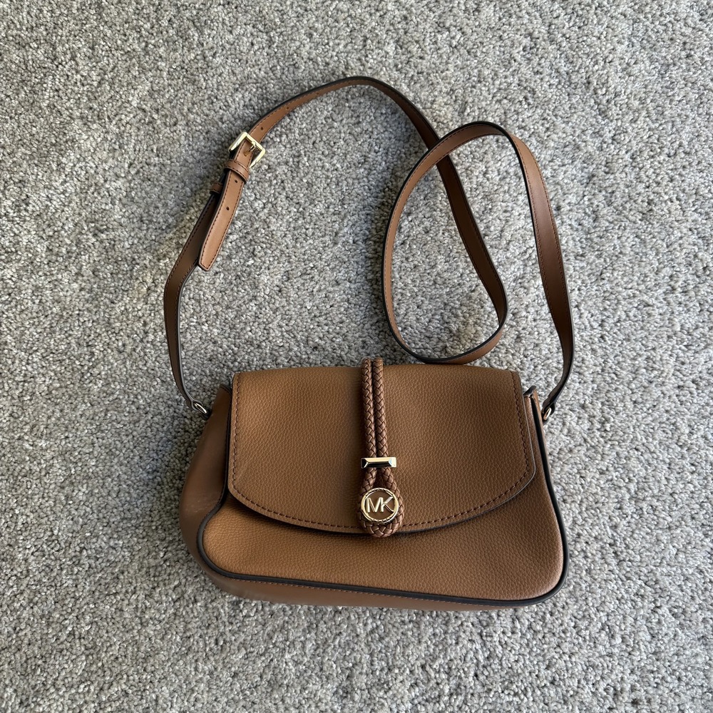 Michael Kors Crossbody Bag Womens Small Brown Leather Magnetic Purse Logo